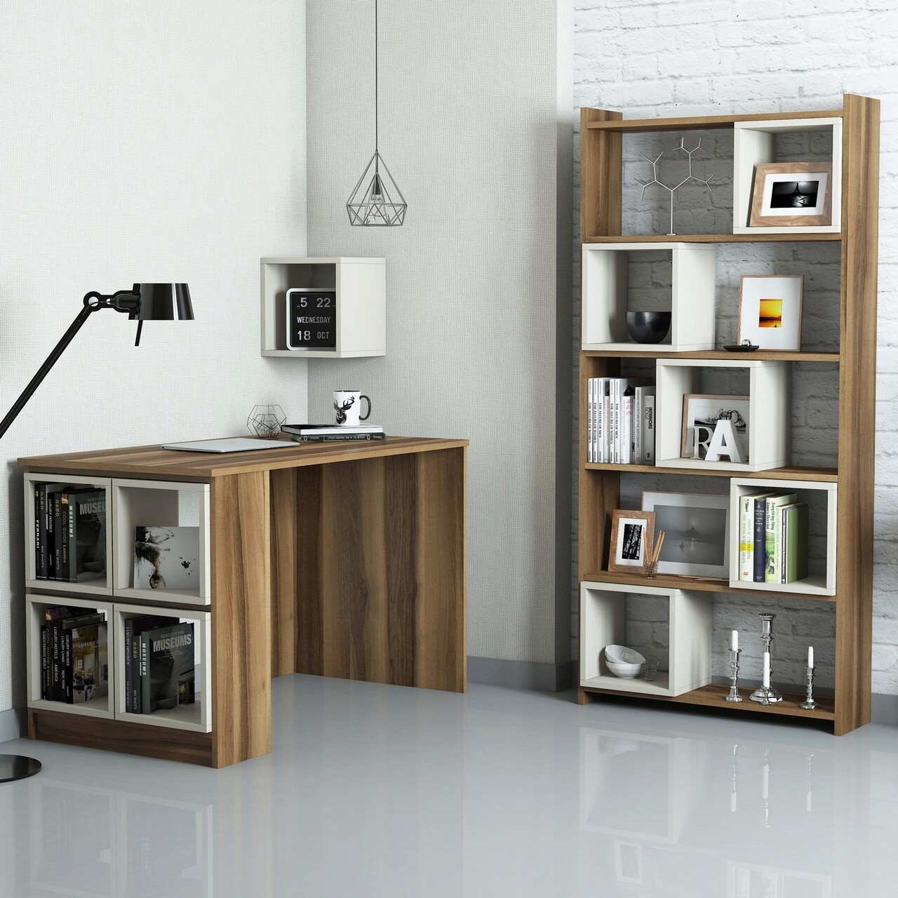 Set birou si biblioteca, Hanah Home, Box, 120x75x65 cm, Maro/Crem - imagine 4